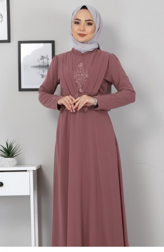 Drape Detay Tesettür Şifon Elbise 10071 3 Gül Kurusu