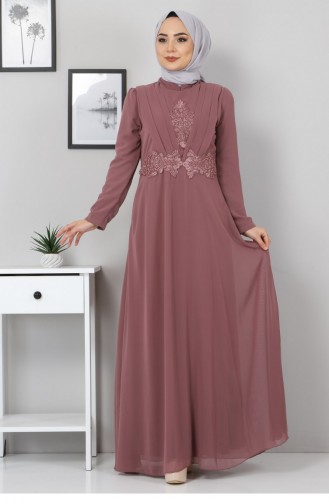 Drape Detay Tesettür Şifon Elbise 10071 3 Gül Kurusu