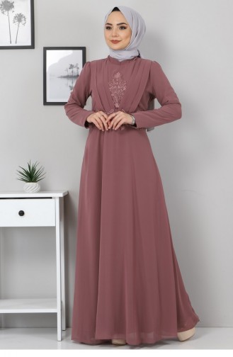 Drape Detay Tesettür Şifon Elbise 10071 3 Gül Kurusu