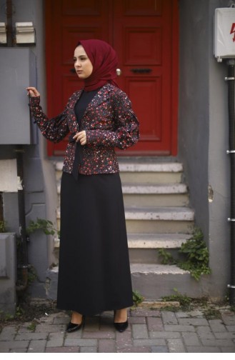 Çiçek Desen Ceketli Tesettür Kombin 10073 4 Siyah