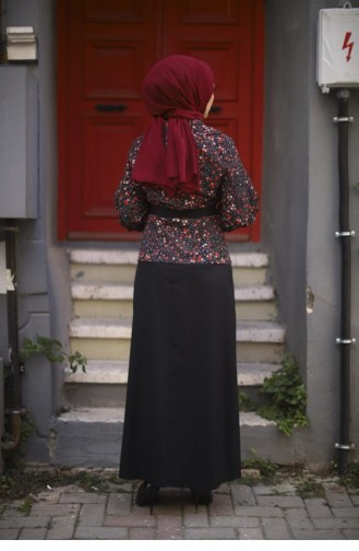Çiçek Desen Ceketli Tesettür Kombin 10073 4 Siyah
