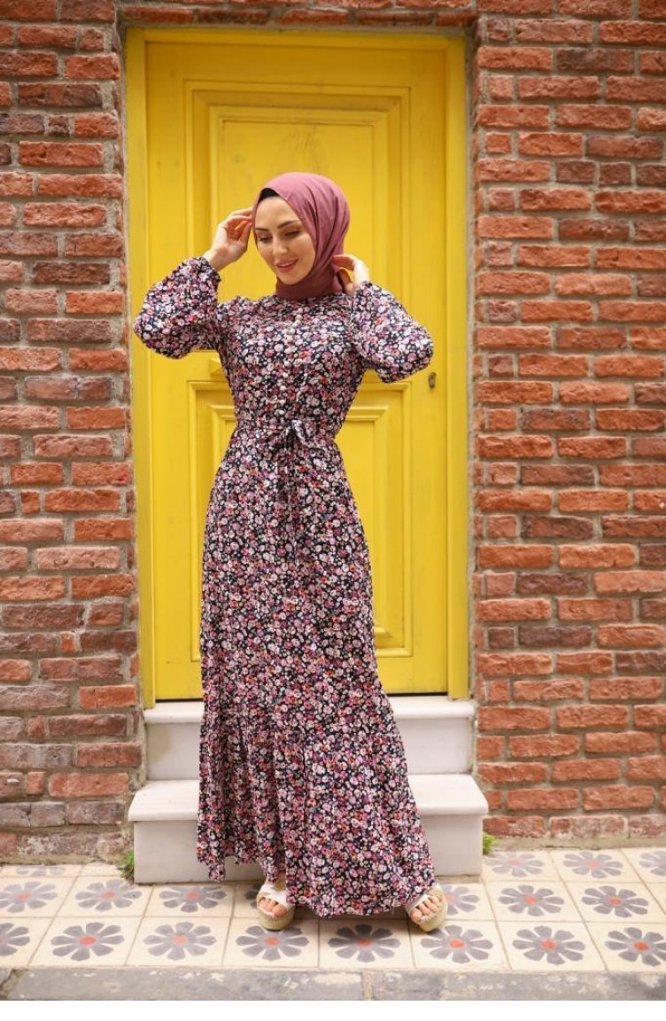 Çiçek Desenli Tesettür Elbise 10157 8 Pembe