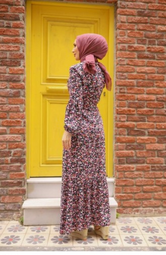 Çiçek Desenli Tesettür Elbise 10157 8 Pembe