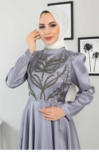 Taşlı Saten Abiye 11400 Gri