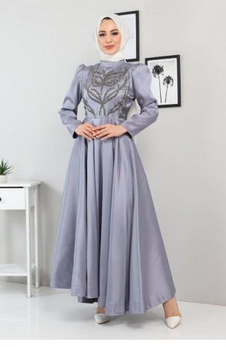 Taşlı Saten Abiye 11400 Gri