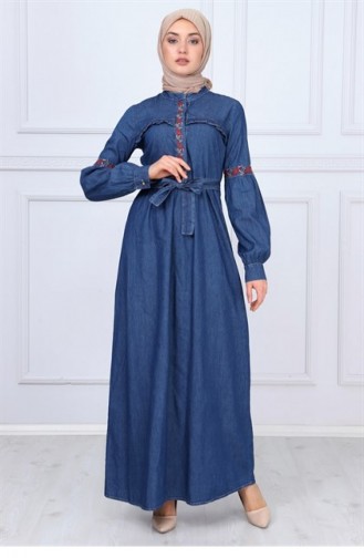 Kuşaklı Tesettür Kot Elbise Koyu 9758 38 Koyu Kot