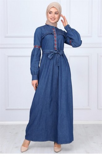 Kuşaklı Tesettür Kot Elbise Koyu 9758 38 Koyu Kot