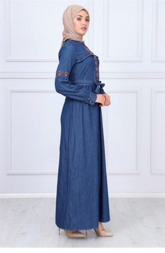 Kuşaklı Tesettür Kot Elbise Koyu 9758 38 Koyu Kot