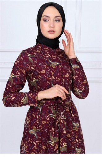 Claret Red Hijab Dress 9809-1-38.Bordo