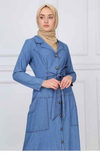 Ceket Yakalı Tesettür Kot Ferace 9864 38 Açık Kot