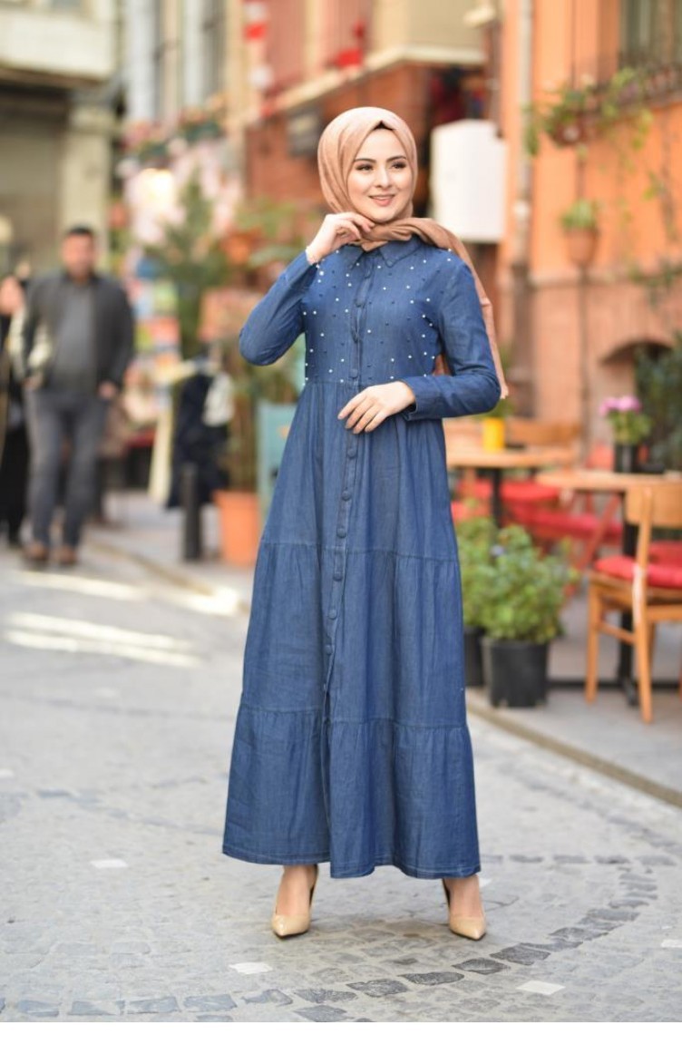 Dark Blue Jeans Abaya 9985 1.Koyu Kot Sefamerve