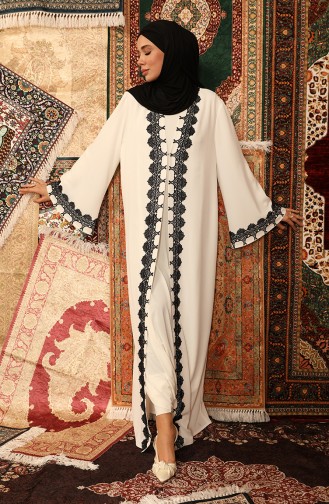 Güpürlü Abaya 5656-01 Siyah Beyaz