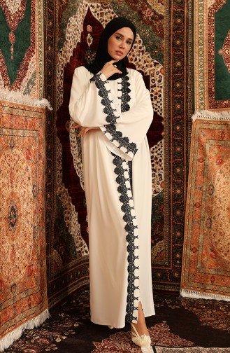 Güpürlü Abaya 5656-01 Siyah Beyaz