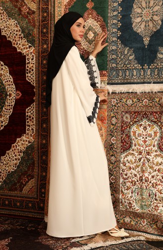 Güpürlü Abaya 5656-01 Siyah Beyaz