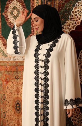 Güpürlü Abaya 5656-01 Siyah Beyaz