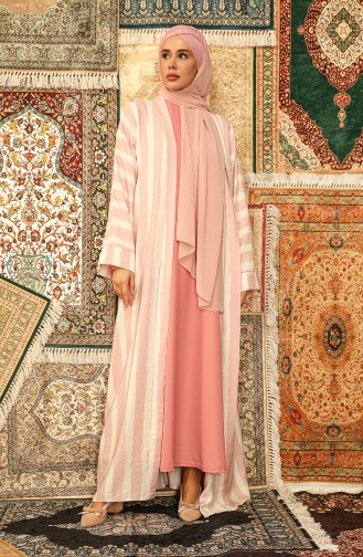 Çizgili Salaş Abaya Ferace 0809-01 Pudra