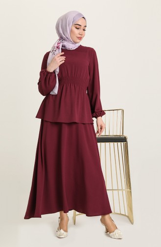 Minahill Beli Lastikli Bluz Etek İkili Takım 8306-03 Vişne