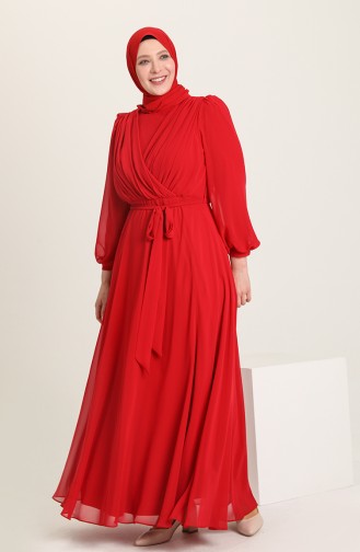 Büyük Beden Önü Pileli Şifon Abiye Elbise 6020-01 Kırmızı