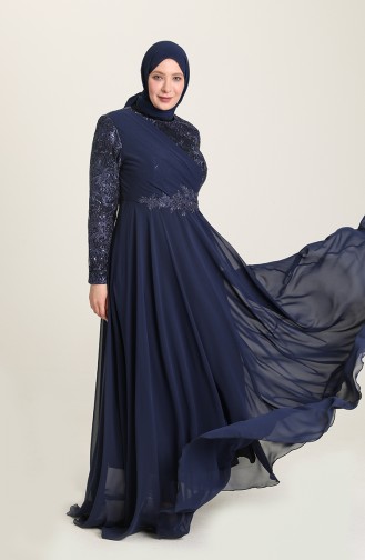 Navy Blue Hijab Evening Dress 6388-02
