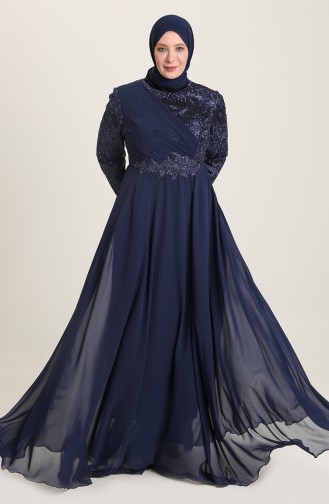 Navy Blue Hijab Evening Dress 6388-02