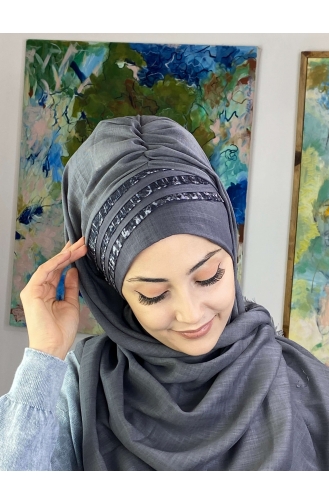 Tül Detaylı Hazır Türban 526OCKDRP-01 Gri