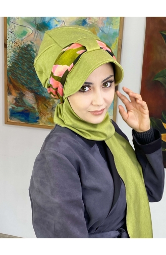 Desenli Cırtcırtlı Fularlı Tek Biritli Şapka327OCKTBRT-02 Fıstık Yeşili