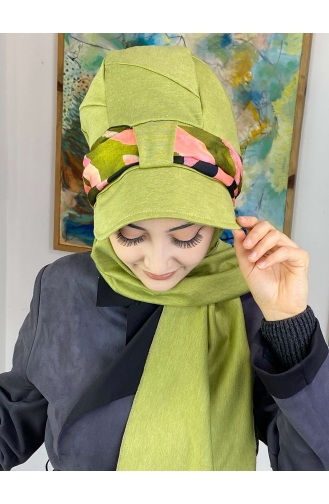 Desenli Cırtcırtlı Fularlı Tek Biritli Şapka327OCKTBRT-02 Fıstık Yeşili
