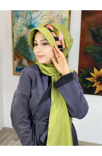 Desenli Cırtcırtlı Fularlı Tek Biritli Şapka327OCKTBRT-02 Fıstık Yeşili