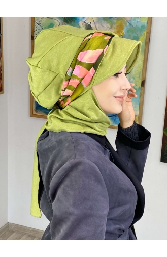 Desenli Cırtcırtlı Fularlı Tek Biritli Şapka327OCKTBRT-02 Fıstık Yeşili