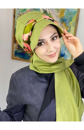 Desenli Cırtcırtlı Fularlı Tek Biritli Şapka327OCKTBRT-02 Fıstık Yeşili