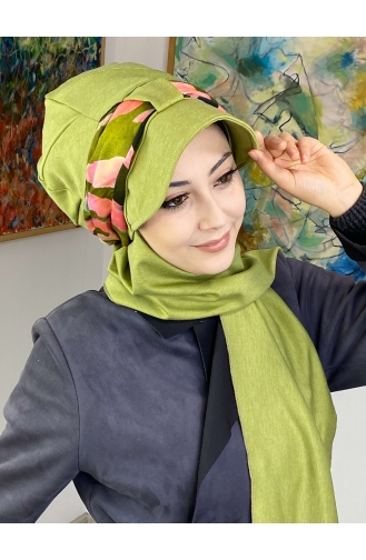 Desenli Cırtcırtlı Fularlı Tek Biritli Şapka327OCKTBRT-02 Fıstık Yeşili