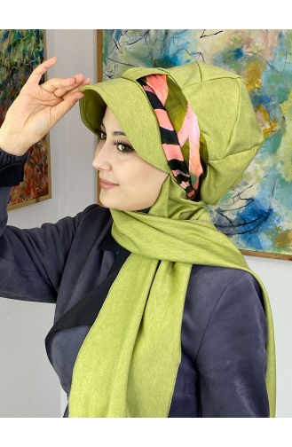 Desenli Cırtcırtlı Fularlı Tek Biritli Şapka327OCKTBRT-02 Fıstık Yeşili