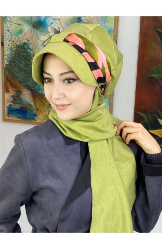 Desenli Cırtcırtlı Fularlı Tek Biritli Şapka327OCKTBRT-02 Fıstık Yeşili