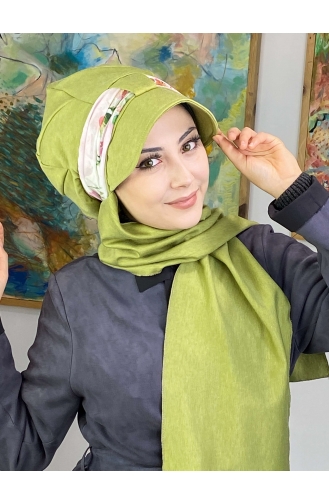 Desenli Cırtcırtlı Fularlı Tek Biritli Şapka327OCKTBRT-03 Fıstık Yeşili