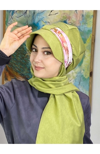 Desenli Cırtcırtlı Fularlı Tek Biritli Şapka327OCKTBRT-03 Fıstık Yeşili