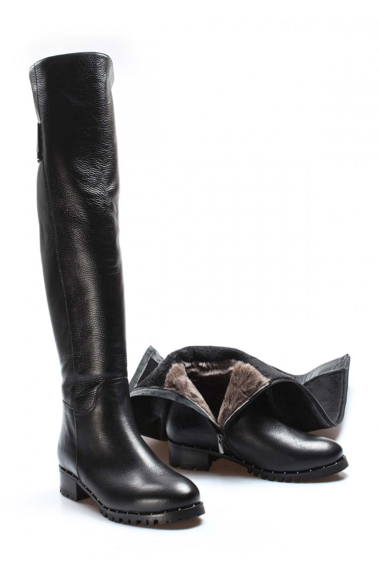 Sefamerve, Hakiki Deri Kürklü Kadın Diz Üstü Çizme 064Yza621 Siyah