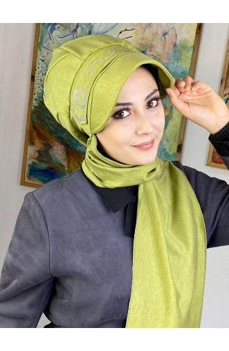 Gümüş Taş Detaylı Hazır Atkılı Şapka Türban 2TŞŞAP27OCK-04 Fıstık Yeşili