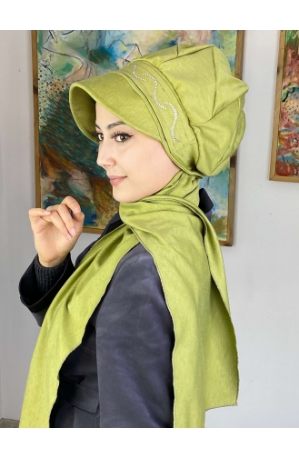 Gümüş Taş Detaylı Hazır Atkılı Şapka Türban 2TŞŞAP27OCK-04 Fıstık Yeşili