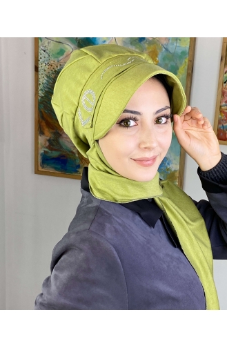 Gümüş Taş Detaylı Hazır Atkılı Şapka Türban 2TŞŞAP27OCK-04 Fıstık Yeşili