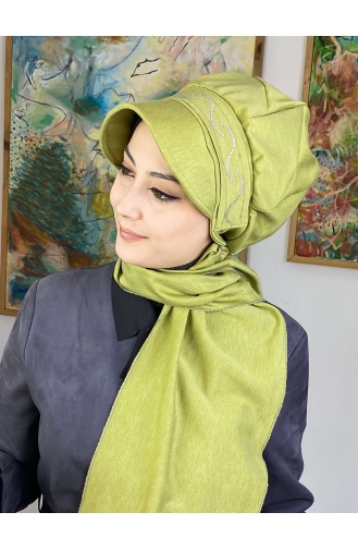 Gümüş Taş Detaylı Hazır Atkılı Şapka Türban 2TŞŞAP27OCK-04 Fıstık Yeşili