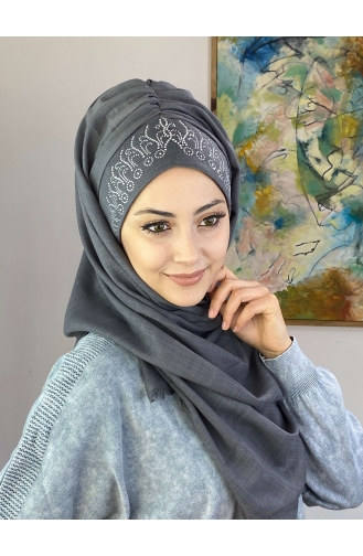 Taç Desenli Hazır Türban 01HZŞL260122-02 Gri