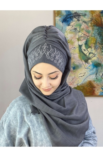Taç Desenli Hazır Türban 01HZŞL260122-02 Gri