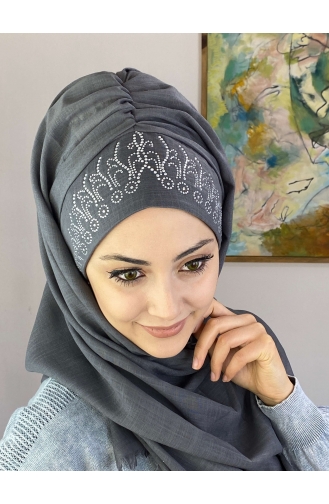 Taç Desenli Hazır Türban 01HZŞL260122-02 Gri