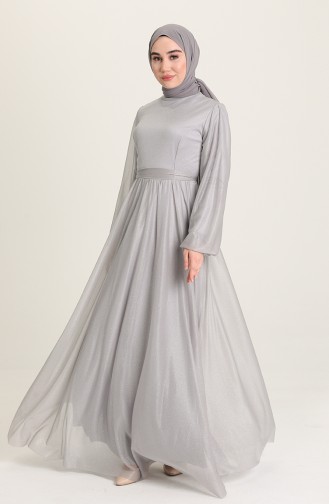 Gray Hijab Evening Dress 5541-01