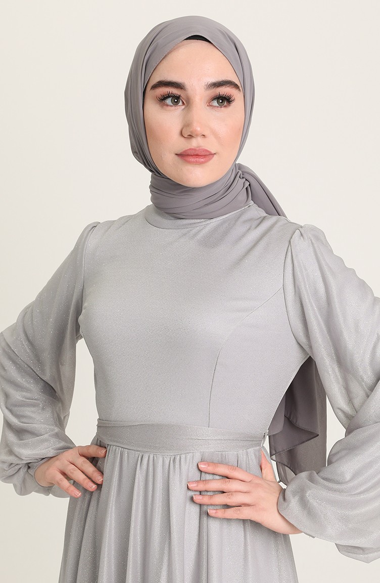 Gray Hijab Evening Dress 554101 Sefamerve