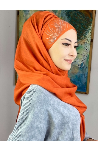 İhtişamlı Model Gümüş Taşlı Hazır Türban 23ŞBTTHZŞL23-03 Turuncu