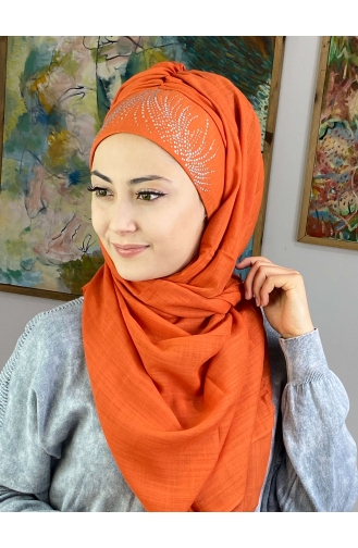 İhtişamlı Model Gümüş Taşlı Hazır Türban 23ŞBTTHZŞL23-03 Turuncu