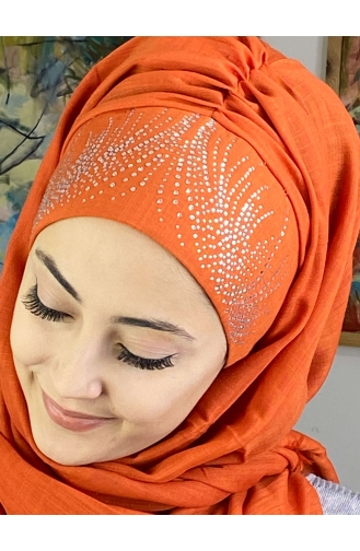 İhtişamlı Model Gümüş Taşlı Hazır Türban 23ŞBTTHZŞL23-03 Turuncu