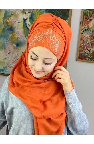 İhtişamlı Model Gümüş Taşlı Hazır Türban 23ŞBTTHZŞL23-03 Turuncu