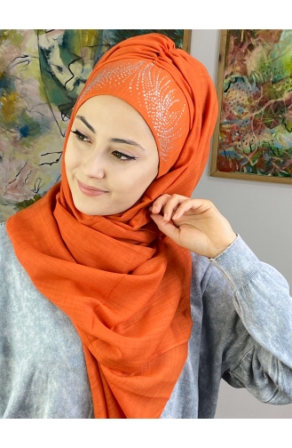 İhtişamlı Model Gümüş Taşlı Hazır Türban 23ŞBTTHZŞL23-03 Turuncu